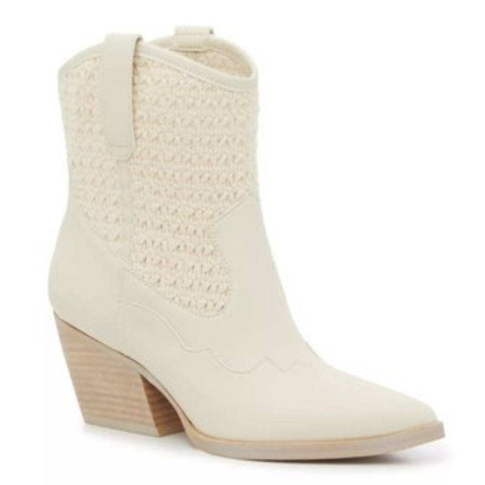 Size 8 Dolce Vita Lacie Western Boot in ivory with a woven upper. 